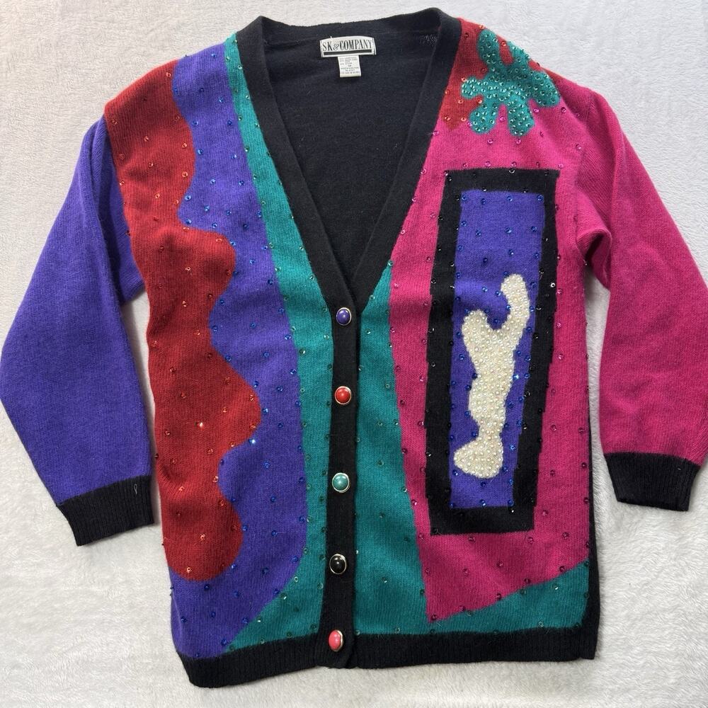 SK Co VTG womens medium cardigan sweater Wool Angora Retro 80s Beaded Art Bright